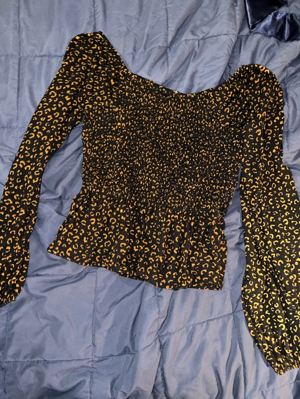 white birch Black Smocked Off-Shoulder Leopard Print Top